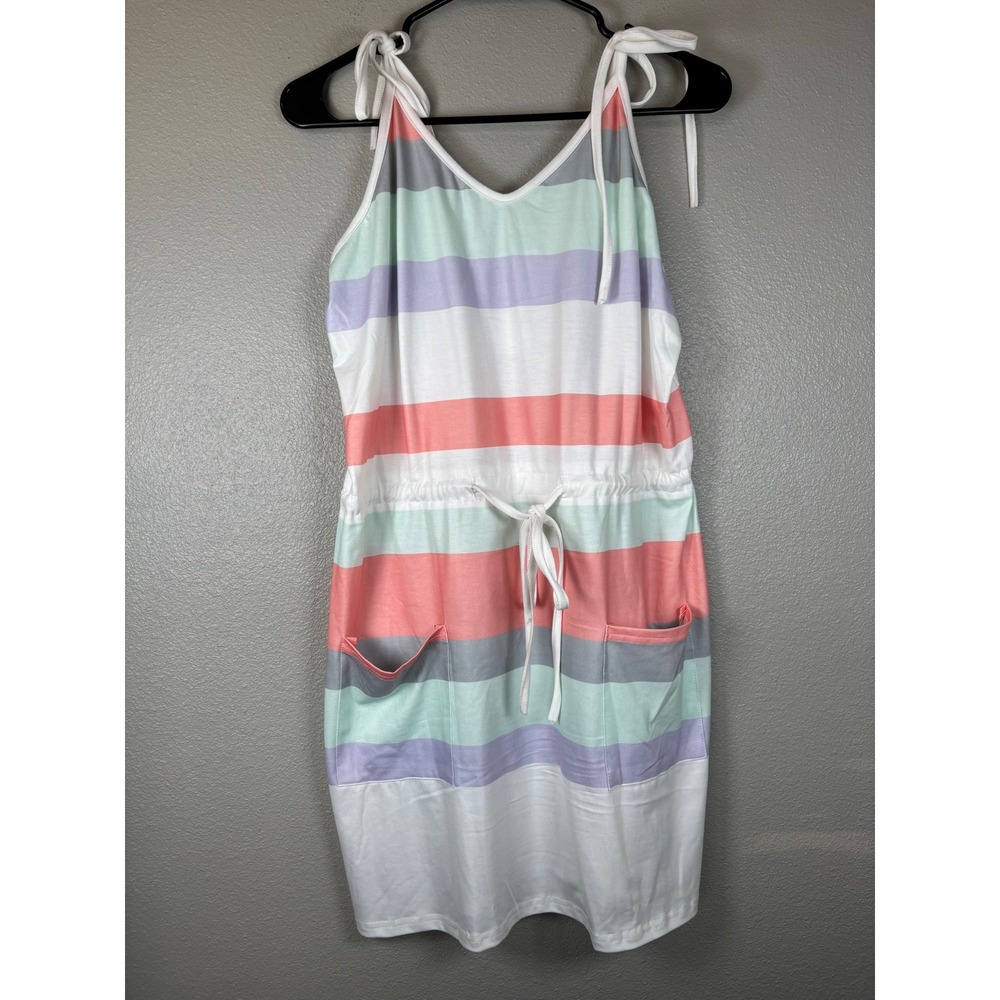 ETCYY NEW Women Pastel Striped Tie Shoulder Drawstring Waist Pocket Mini Dress L